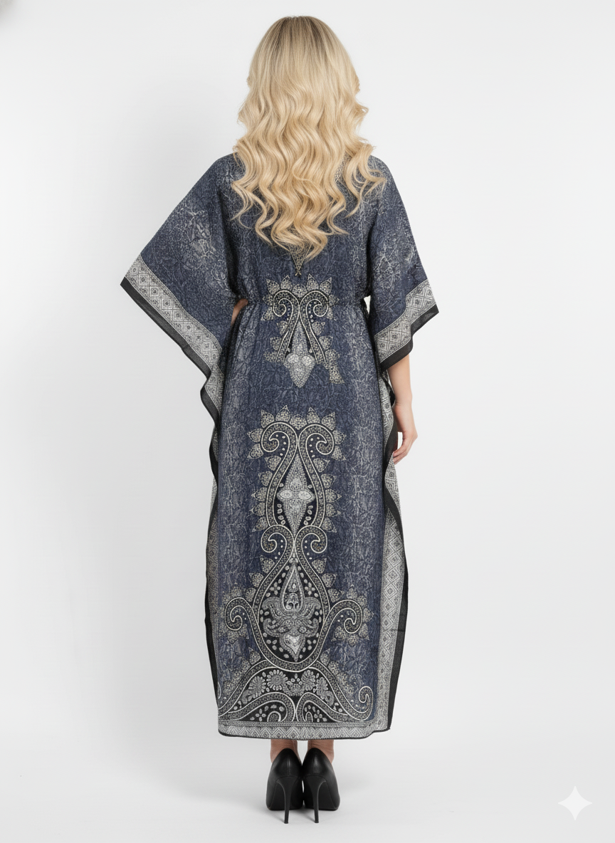 Grey & Black Paisley Kaftan | Polyester Abaya Maxi Dress| Jalabiya