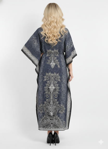Grey & Black Paisley Kaftan | Polyester Abaya Maxi Dress| Jalabiya