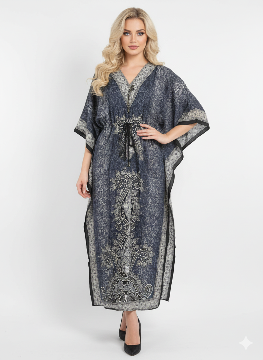 Grey & Black Paisley Kaftan | Polyester Abaya Maxi Dress| Jalabiya