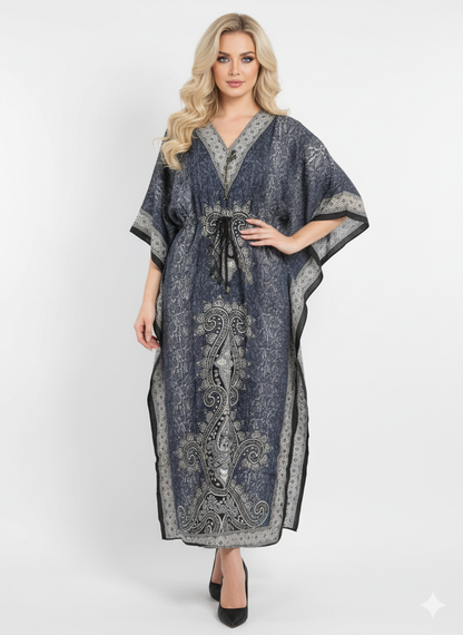 Grey & Black Paisley Kaftan | Polyester Abaya Maxi Dress| Jalabiya