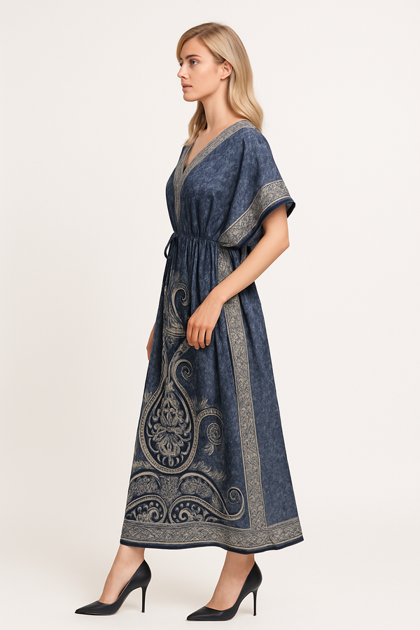 Grey & Black Paisley Kaftan | Polyester Abaya Maxi Dress| Jalabiya