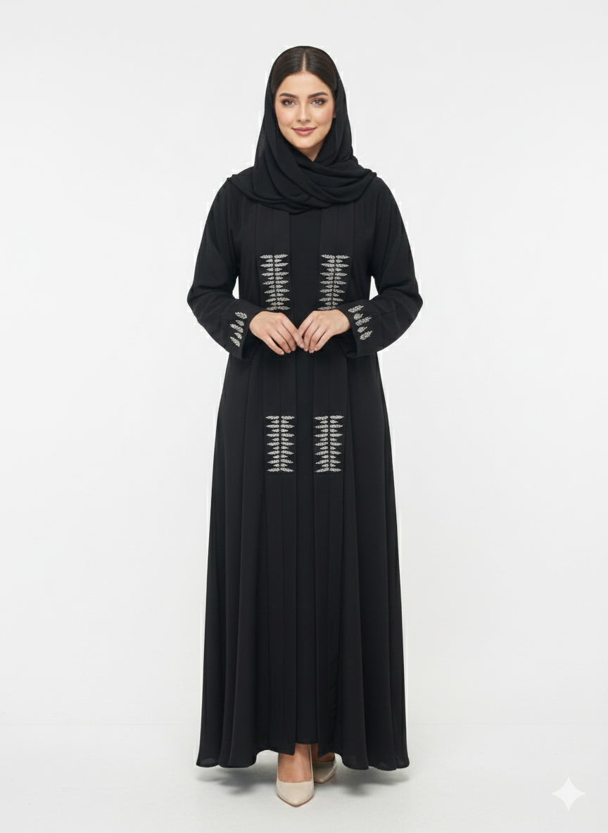 Rizqé Obsidian Frost Black Abaya with Silver Diamond Work