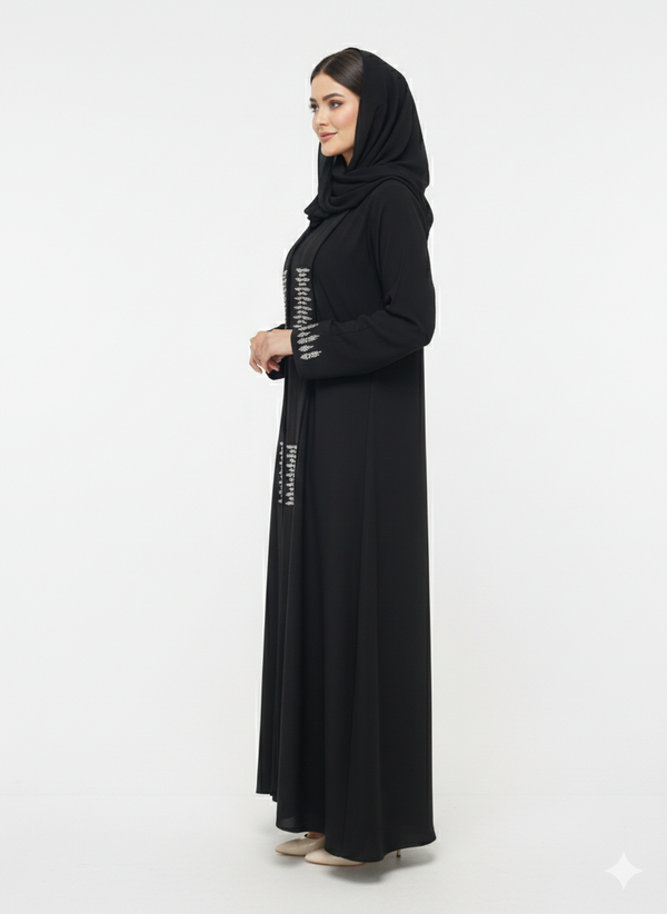 Rizqé Obsidian Frost Black Abaya with Silver Diamond Work