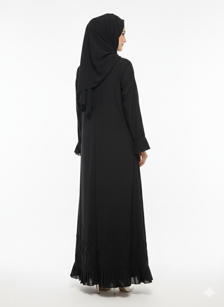 Rizqé Midnight Cascade Black Frilled & Diamond-Beaded Abaya