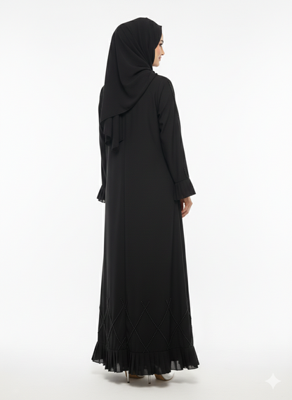 Rizqé Midnight Cascade Black Frilled & Diamond-Beaded Abaya