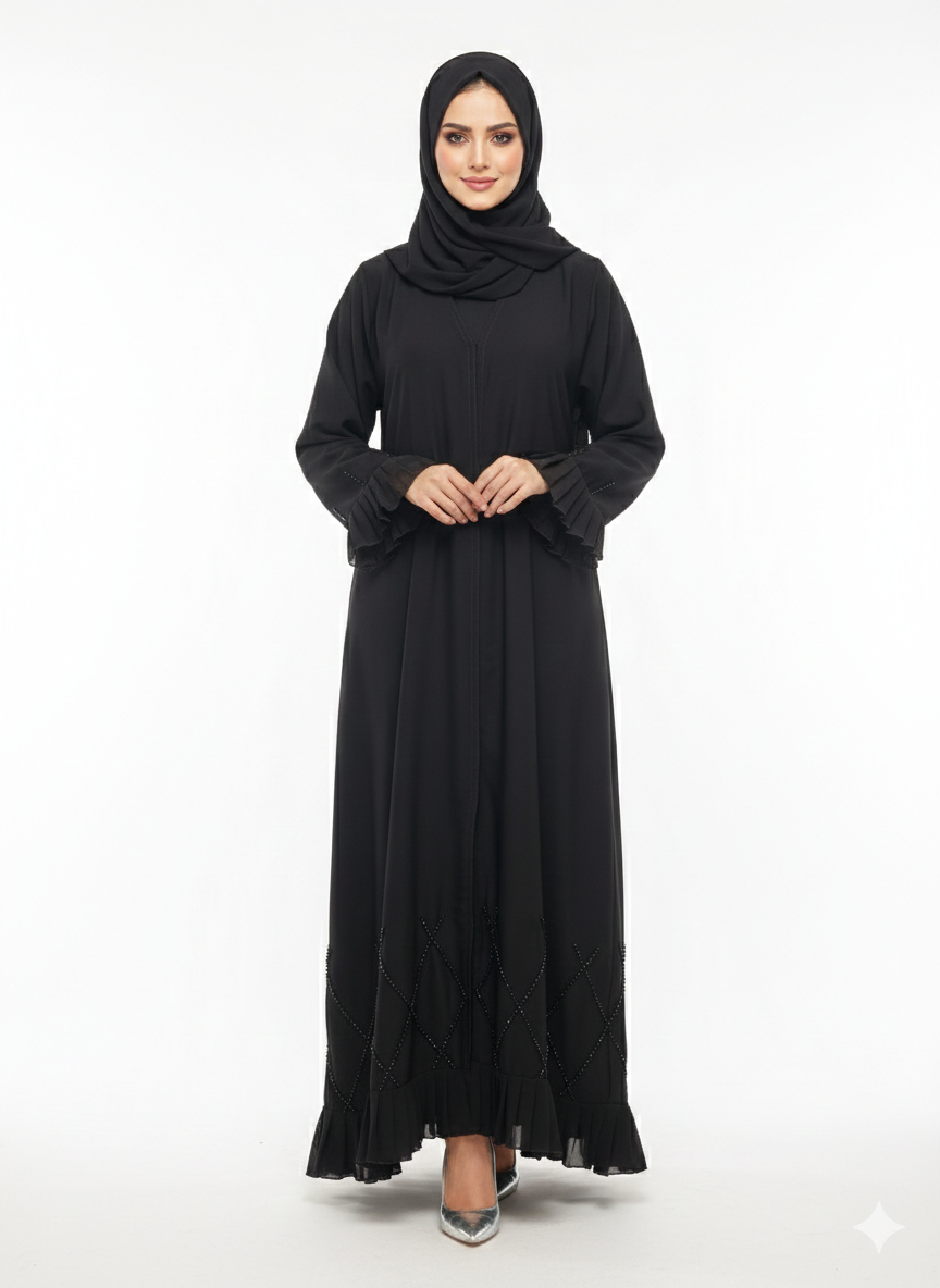 Rizqé Midnight Cascade Black Frilled & Diamond-Beaded Abaya