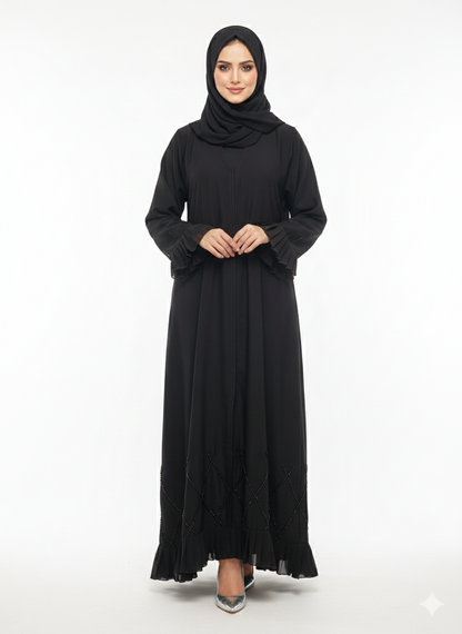 Rizqé Midnight Cascade Black Frilled & Diamond-Beaded Abaya
