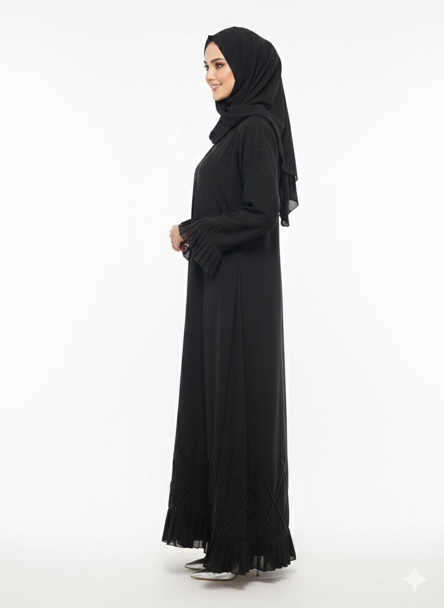 Rizqé Midnight Cascade Black Frilled & Diamond-Beaded Abaya