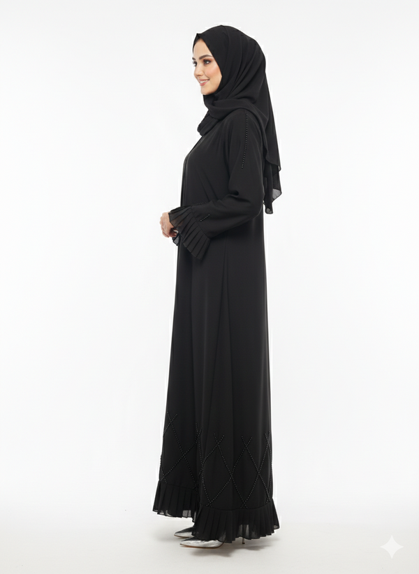 Rizqé Midnight Cascade Black Frilled & Diamond-Beaded Abaya
