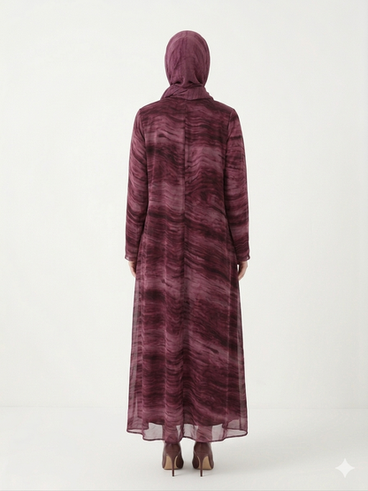 Rizqé Enchanting Wine Marble-Print Chiffon Modest Abaya