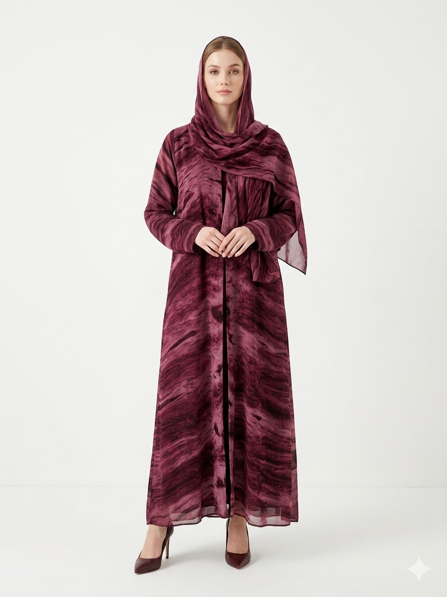 Fair-skinned model with grey eyes wearing the Rizqé Enchanting wine marble-print chiffon open abaya with a matching inner dress and scarf against a solid white studio background.