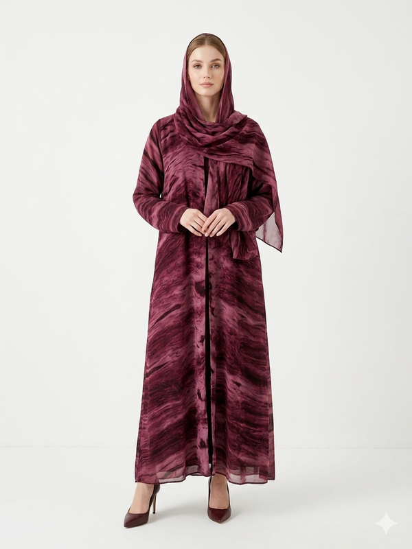 Fair-skinned model with grey eyes wearing the Rizqé Enchanting wine marble-print chiffon open abaya with a matching inner dress and scarf against a solid white studio background.
