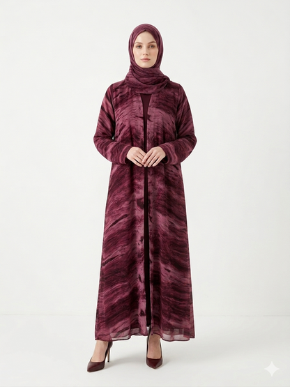 Rizqé Enchanting Wine Marble-Print Chiffon Modest Abaya