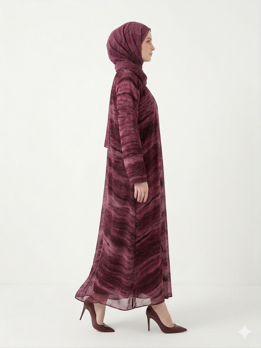 Rizqé Enchanting Wine Marble-Print Chiffon Modest Abaya