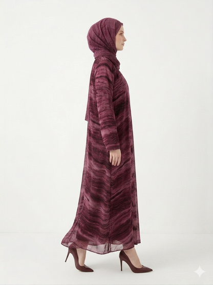 Rizqé Enchanting Wine Marble-Print Chiffon Modest Abaya