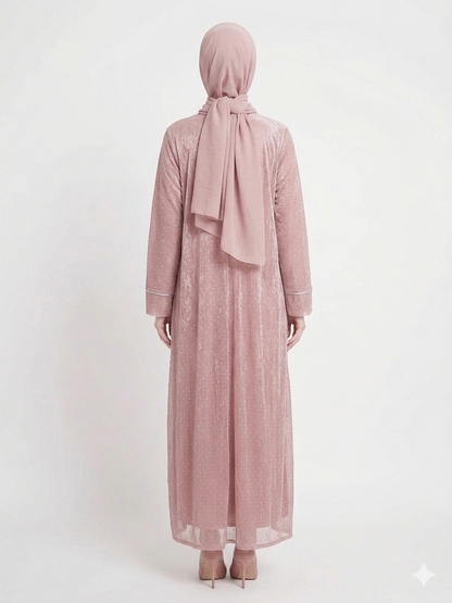 Rizqé Rose Dust Embellished Kimono Abaya | Elegant Pink Modest Wear