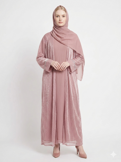 Fair-skinned model with grey eyes wearing the Rizqé Rose Dust soft net diamond-embellished pink kimono abaya set with a matching inner dress and scarf against a solid white studio background.