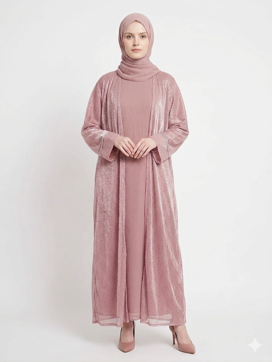 Rizqé Rose Dust Embellished Kimono Abaya | Elegant Pink Modest Wear