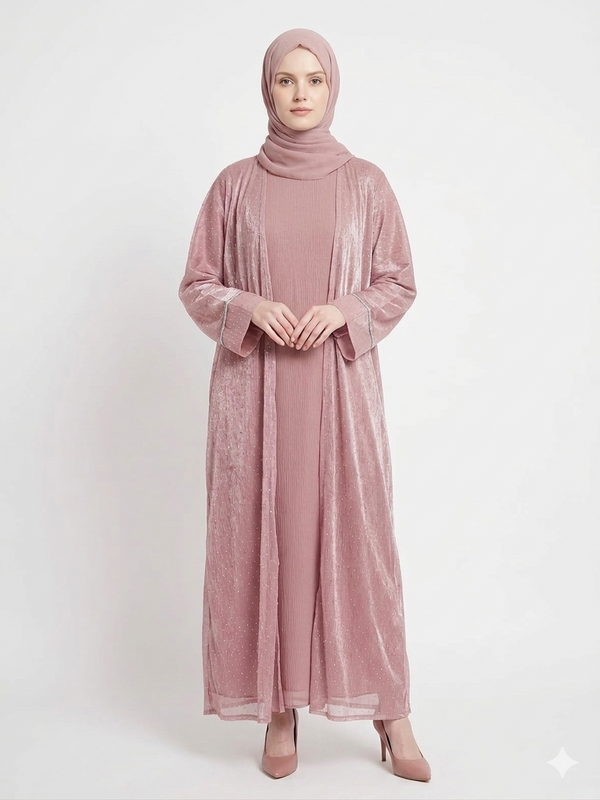 Rizqé Rose Dust Embellished Kimono Abaya | Elegant Pink Modest Wear