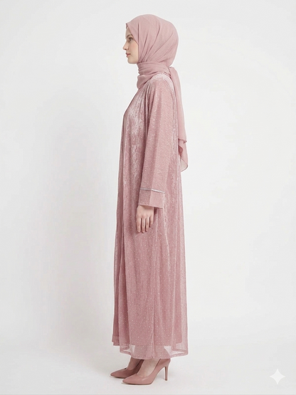 Rizqé Rose Dust Embellished Kimono Abaya | Elegant Pink Modest Wear