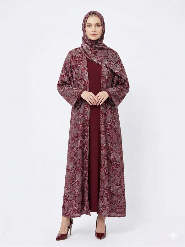 Model wearing the Rizqé maroon paisley printed pashmina-feel open abaya with matching cotton inner dress and hijab.