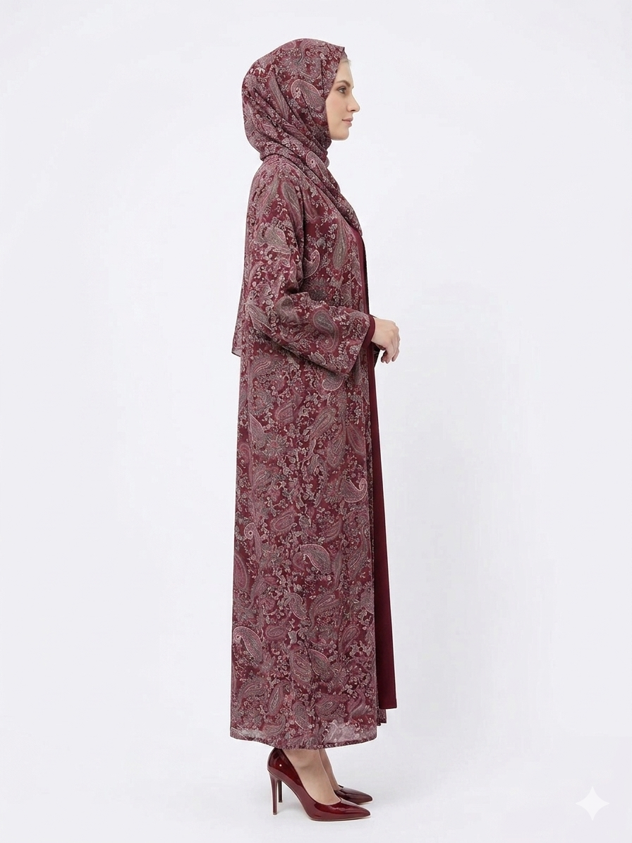 Rizqé Regal Bordeaux Paisley Pashmina Feel Kimono Abaya