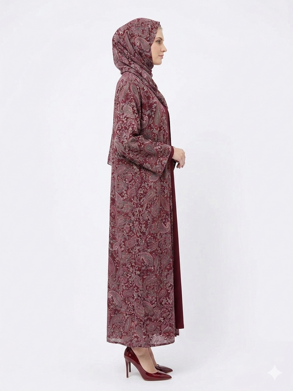 Rizqé Regal Bordeaux Paisley Pashmina Feel Kimono Abaya