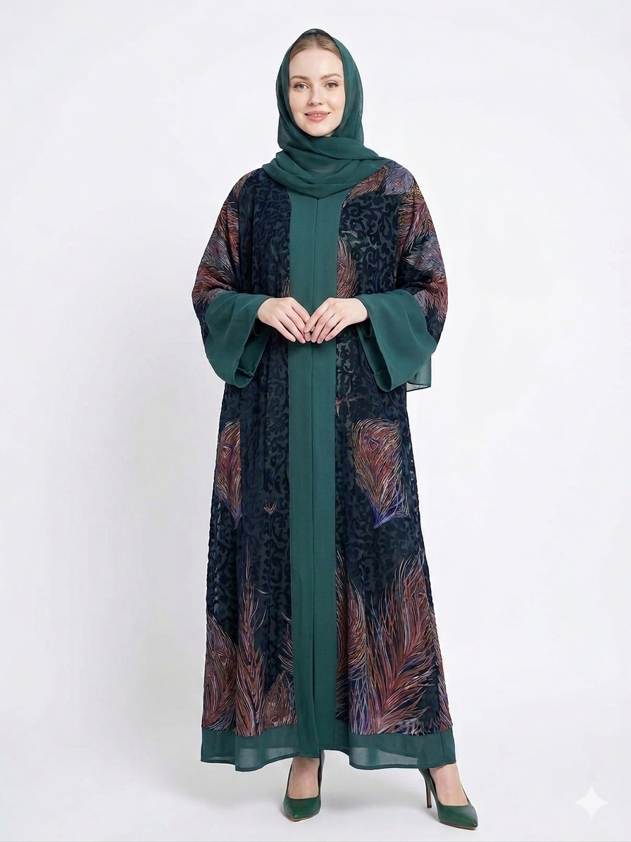 Fair-skinned model with grey eyes wearing Rizqé dark green open abaya with sheer chiffon sleeves and iridescent feather-print texture against a solid white studio background.