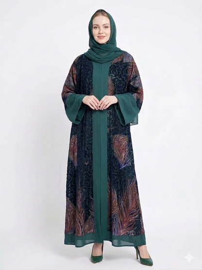 Fair-skinned model with grey eyes wearing Rizqé dark green open abaya with sheer chiffon sleeves and iridescent feather-print texture against a solid white studio background.