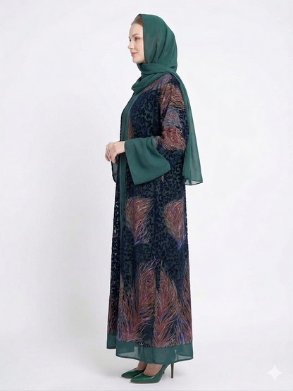 Rizqé Emerald Serenity Dark Green Sheer Chiffon Abaya