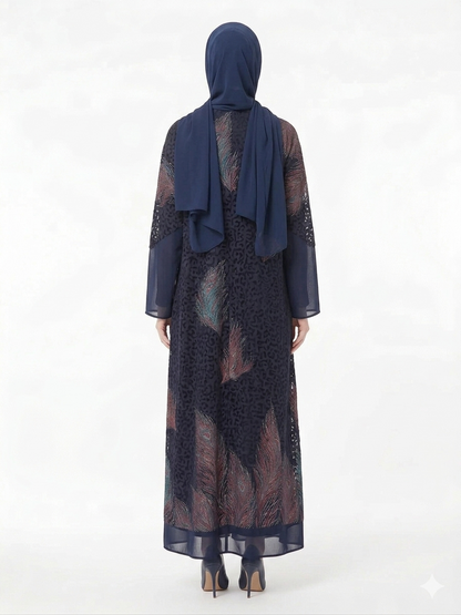 Rizqé Midnight Navy Sheer Chiffon Printed Abaya | Luxury Modest Wear