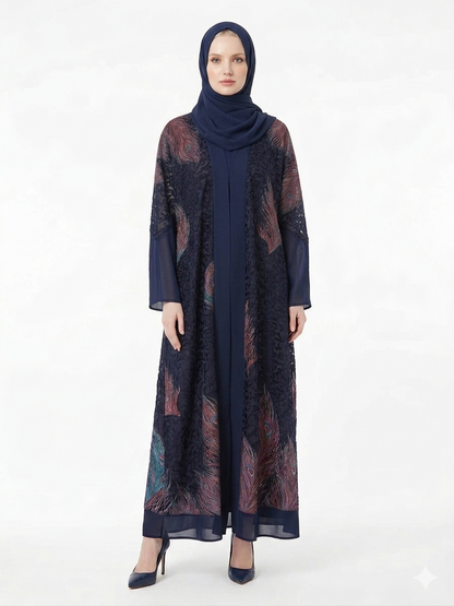 Model wearing Rizqé midnight navy open abaya with sheer chiffon sleeves and iridescent feather-print texture.