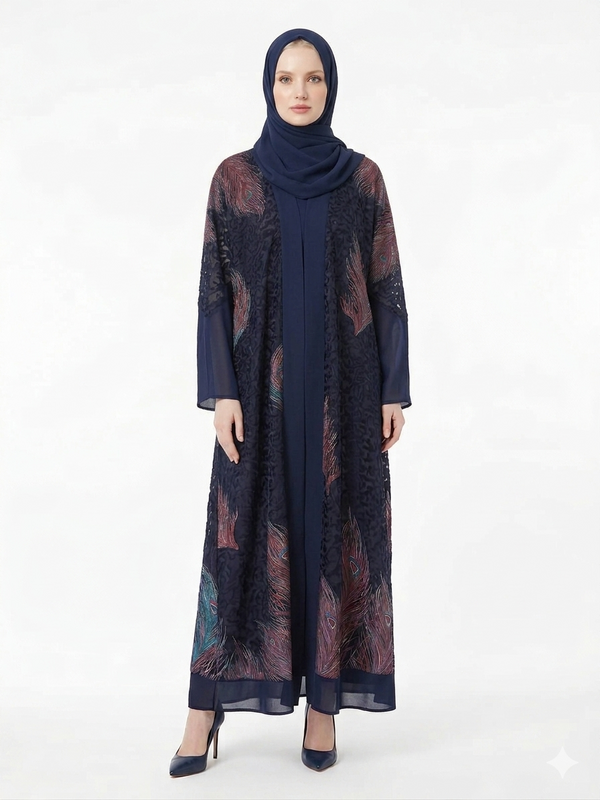 Model wearing Rizqé midnight navy open abaya with sheer chiffon sleeves and iridescent feather-print texture.