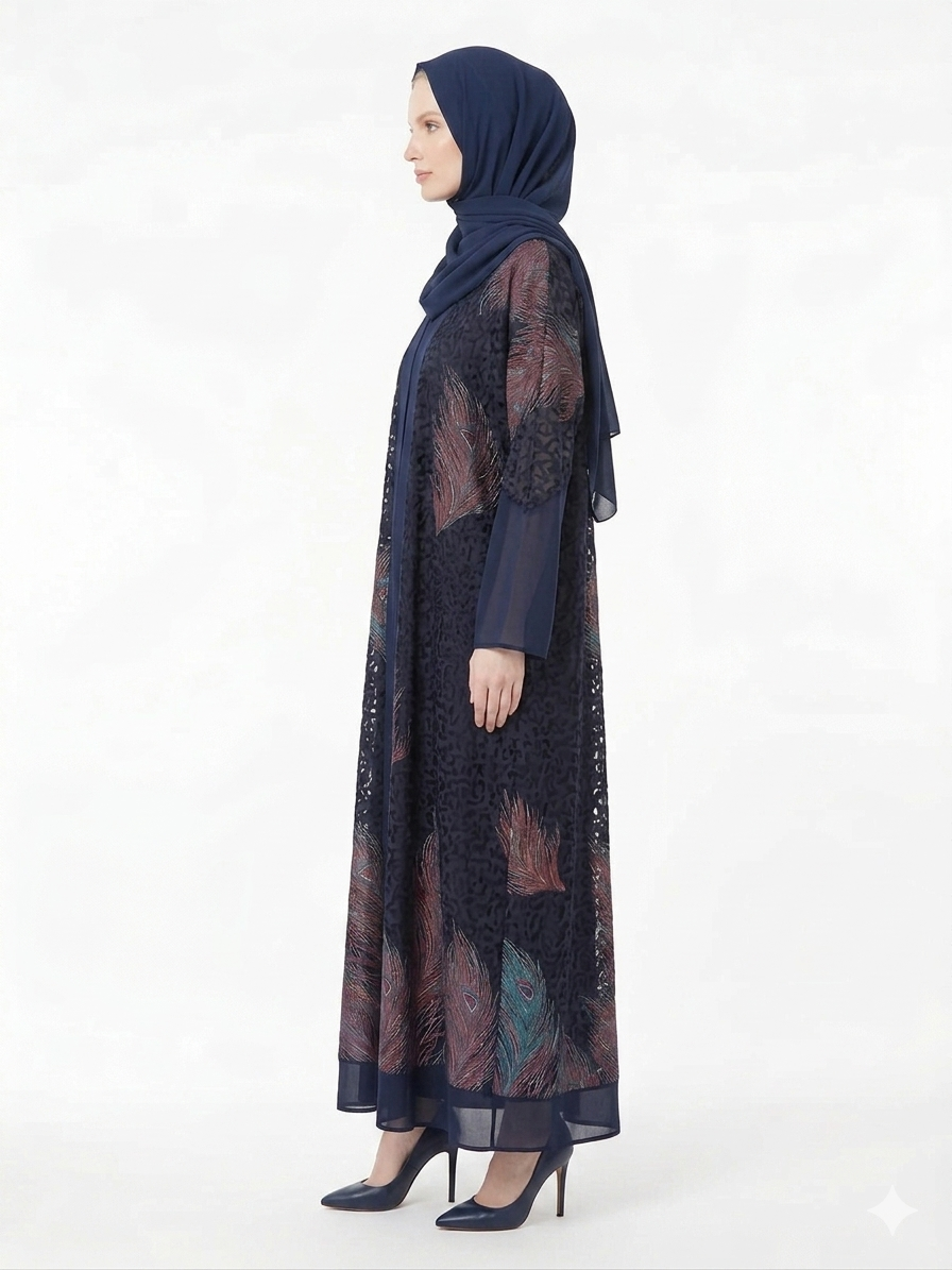 Rizqé Midnight Navy Sheer Chiffon Printed Abaya | Luxury Modest Wear