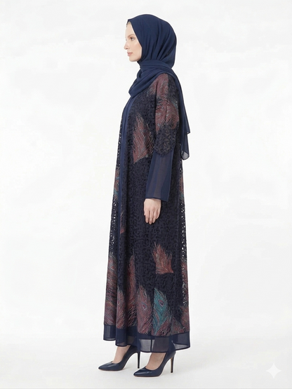 Rizqé Midnight Navy Sheer Chiffon Printed Abaya | Luxury Modest Wear