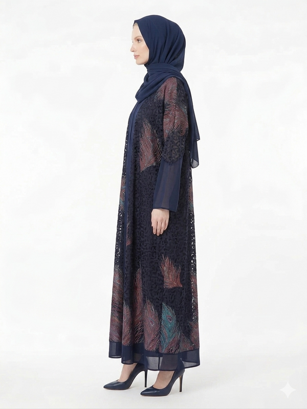 Rizqé Midnight Navy Sheer Chiffon Printed Abaya | Luxury Modest Wear