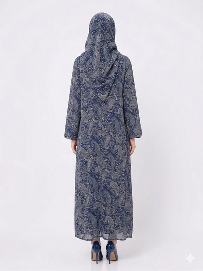 Rizqé Midnight Blue Paisley Pashmina-Feel Modest Kimono Abaya
