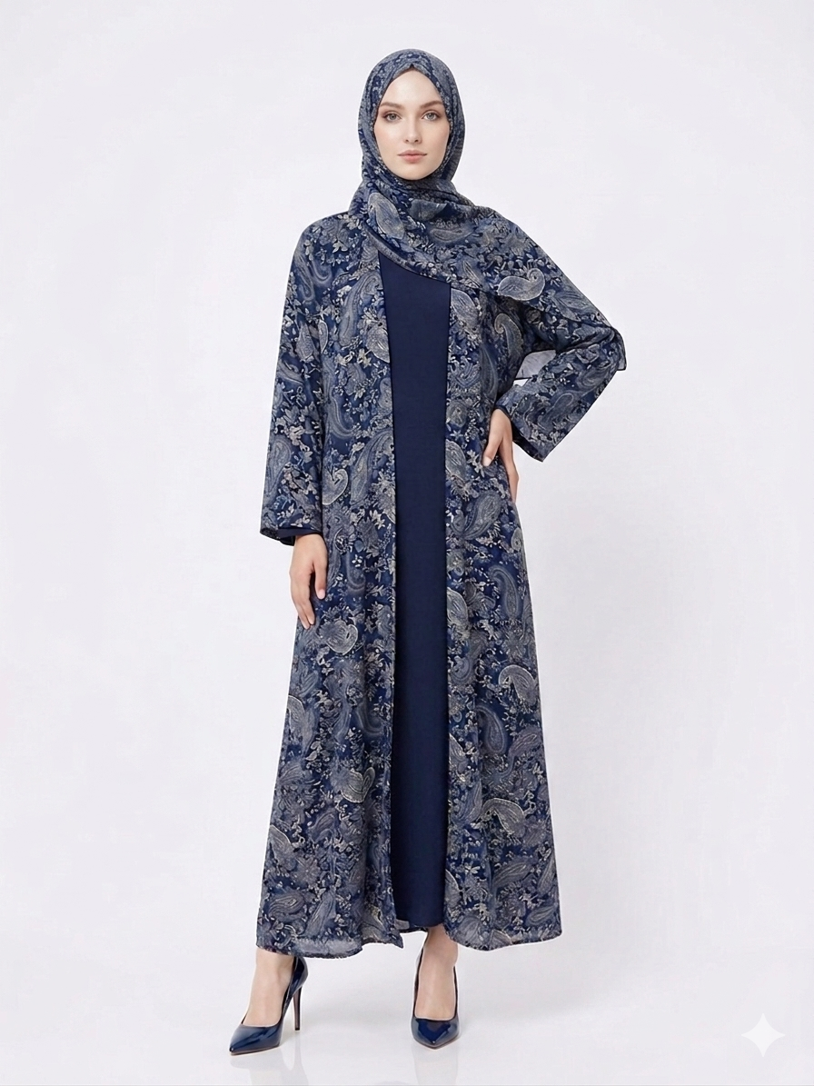 Fair-skinned model with grey eyes wearing the Rizqé dark blue paisley-printed pashmina-feel open abaya with matching inner dress and scarf against a solid white studio background.