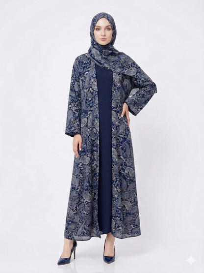 Fair-skinned model with grey eyes wearing the Rizqé dark blue paisley-printed pashmina-feel open abaya with matching inner dress and scarf against a solid white studio background.