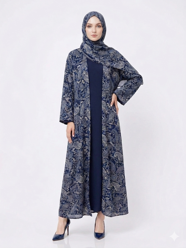 Fair-skinned model with grey eyes wearing the Rizqé dark blue paisley-printed pashmina-feel open abaya with matching inner dress and scarf against a solid white studio background.