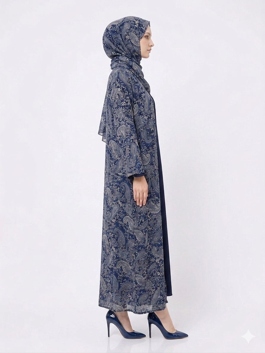 Rizqé Midnight Blue Paisley Pashmina-Feel Modest Kimono Abaya