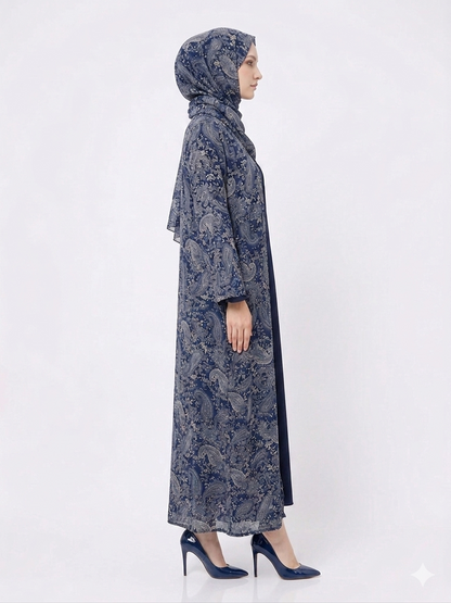 Rizqé Midnight Blue Paisley Pashmina-Feel Modest Kimono Abaya