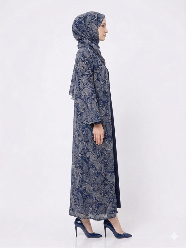 Rizqé Midnight Blue Paisley Pashmina-Feel Modest Kimono Abaya