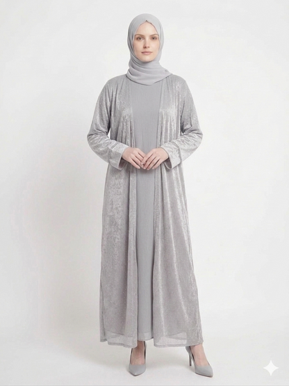 Rizqé Grey Mist Diamond Embellished Kimono Abaya | Elegant Sheer Modest Wear