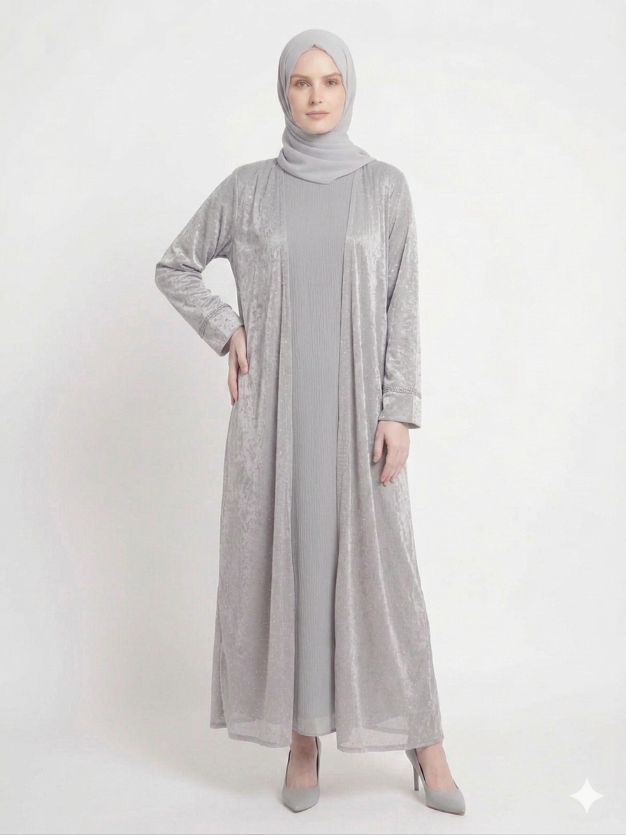 Model wearing the Rizqé Silver Mist soft net diamond-embellished grey kimono abaya set with a matching inner dress and scarf.