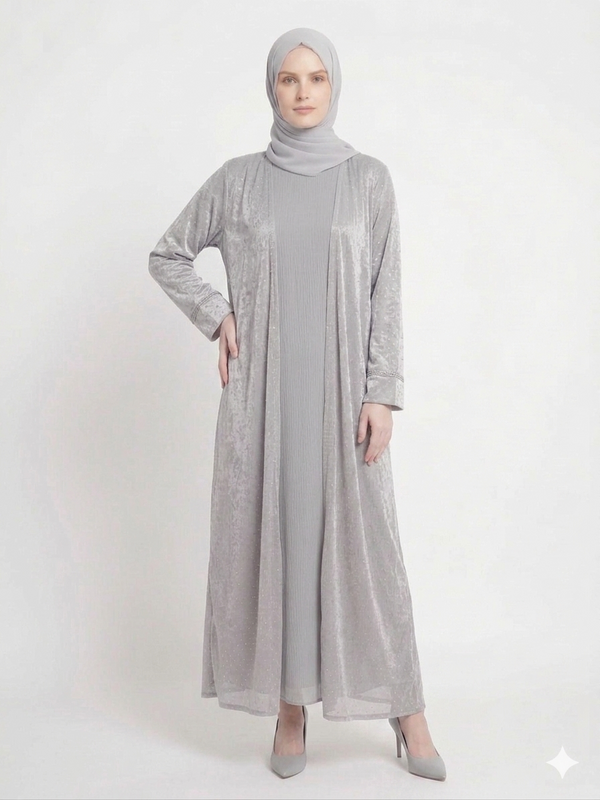 Model wearing the Rizqé Silver Mist soft net diamond-embellished grey kimono abaya set with a matching inner dress and scarf.