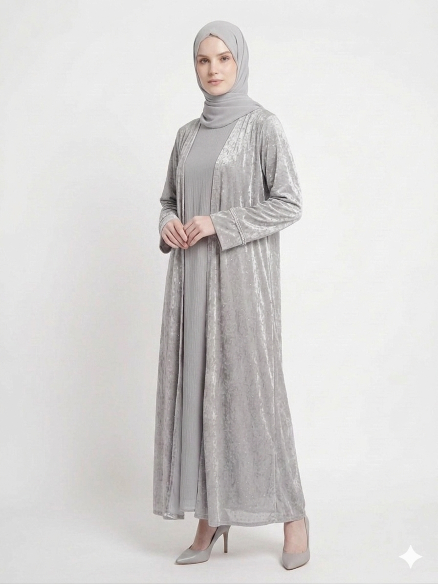 Rizqé Grey Mist Diamond Embellished Kimono Abaya | Elegant Sheer Modest Wear