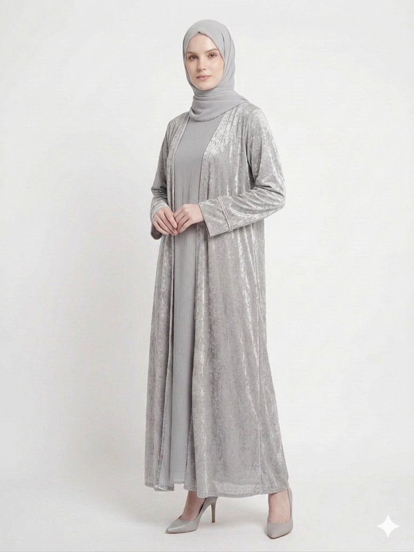 Rizqé Grey Mist Diamond Embellished Kimono Abaya | Elegant Sheer Modest Wear