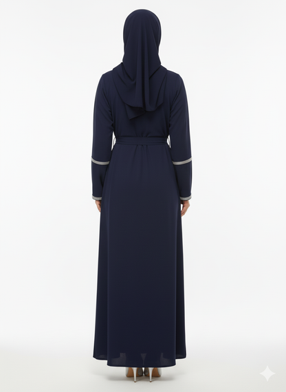 Rizqé Navy Blue Abaya | Linear Silver Embellished Belted Modest Dress | Premium Evening Gown