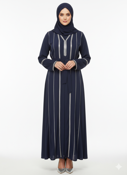 Rizqé Navy Blue Abaya | Linear Silver Embellished Belted Modest Dress | Premium Evening Gown